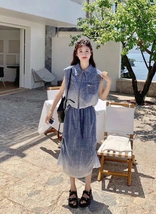 Denim Gradient Skirt And Top Set Summer Style