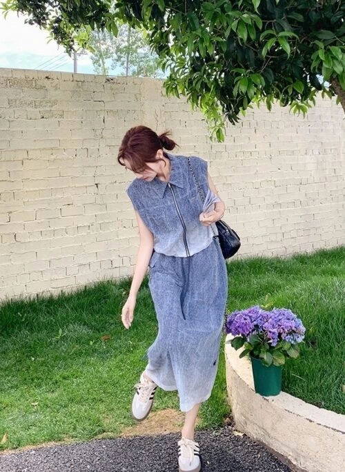Denim Ombre Polo Vest And Skirt Set