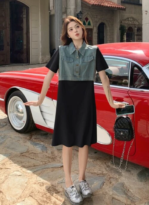 Denim Patchwork Casual Layered Style Dress