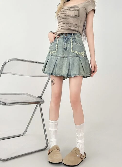 Denim Pleated High Waist Vintage Mini Skirt