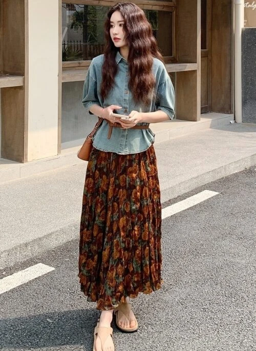 Denim Short Sleeve Top And Pleated Floral Skirt Set