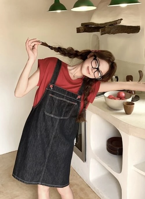 Denim Suspender Dress Casual Red T Shirt Set