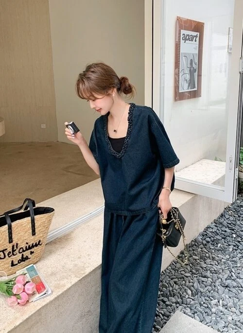 Denim Top And Wide Leg Pants Casual Outfit