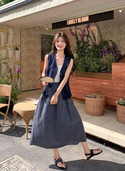 Denim Vest And Striped Skirt Two Piece Set