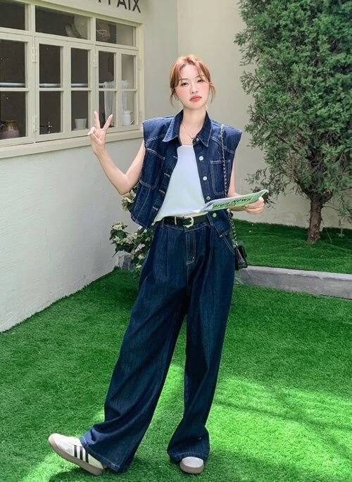 Denim Vest And Wide Leg Pants Set Summer Style