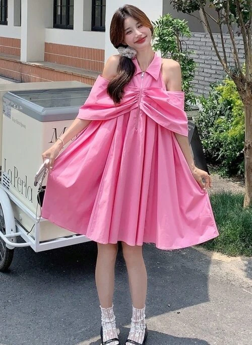 Dopamine Pink Off Shoulder Babydoll Dress Summer Cute