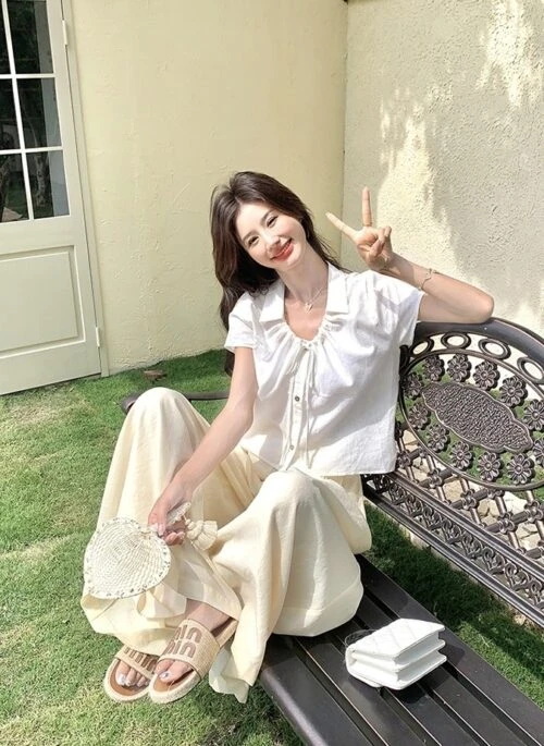 Drawstring Shirt And Wide Leg Pants Casual Set