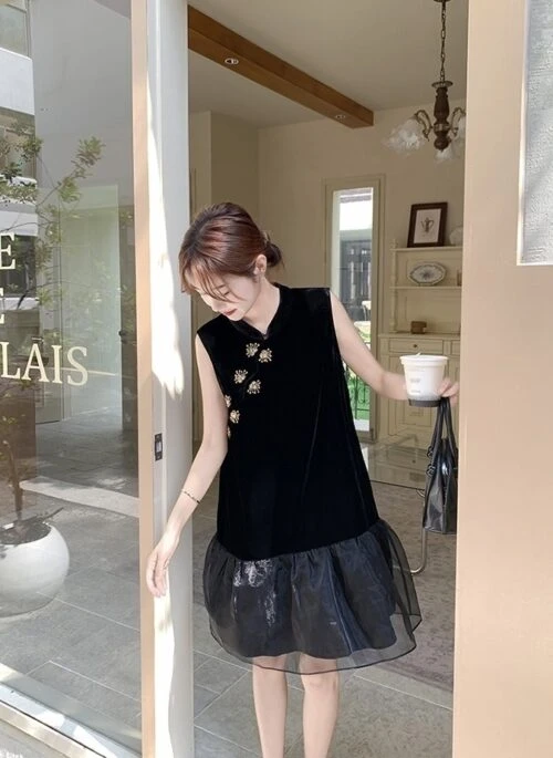 Elegant Black Mandarin Collar A Line Dress