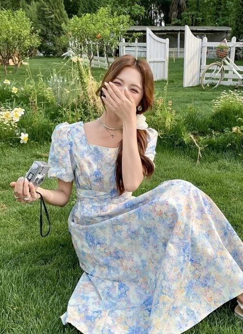 Elegant Blue Floral Puff Sleeve Maxi Dress