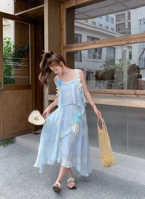 Elegant Blue Lace Cami Top And Skirt Set