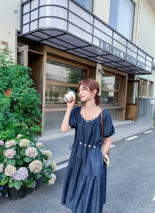 Elegant Denim Puff Sleeve Waist Dress Summer