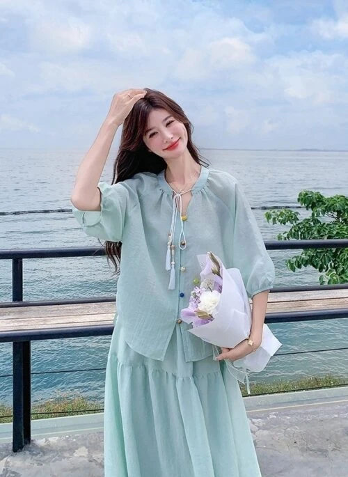 Elegant Drawstring Shirt And Skirt Set