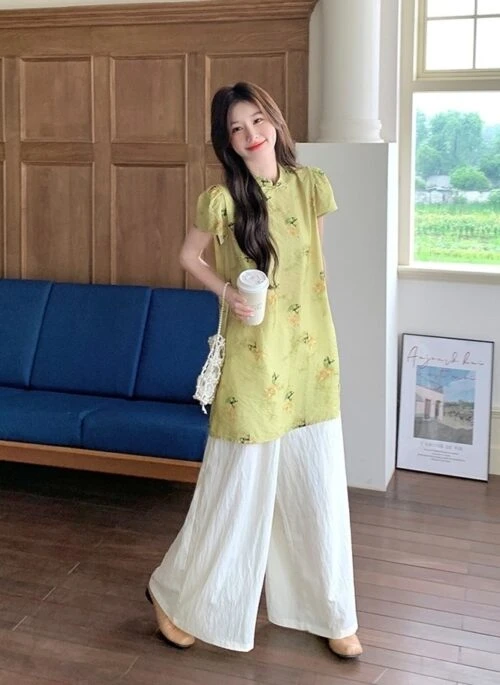 Elegant Floral Print Mandarin Collar Two Piece Set