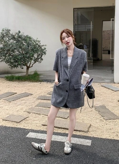 Elegant Gray Blazer And Shorts Set