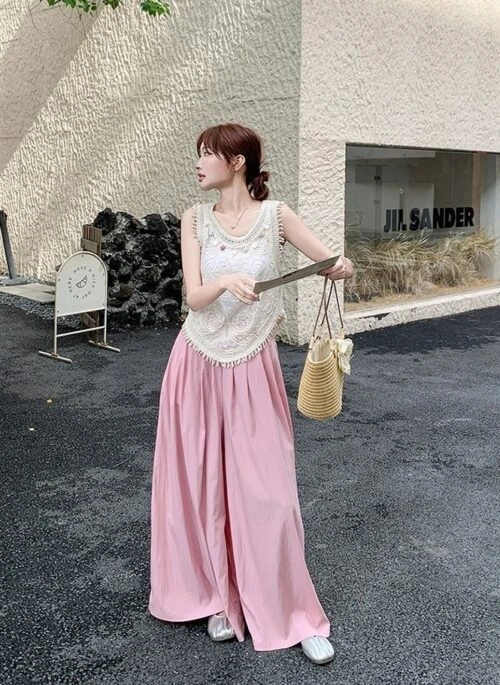 Elegant Lace Sleeveless Set With Wide Leg Pants