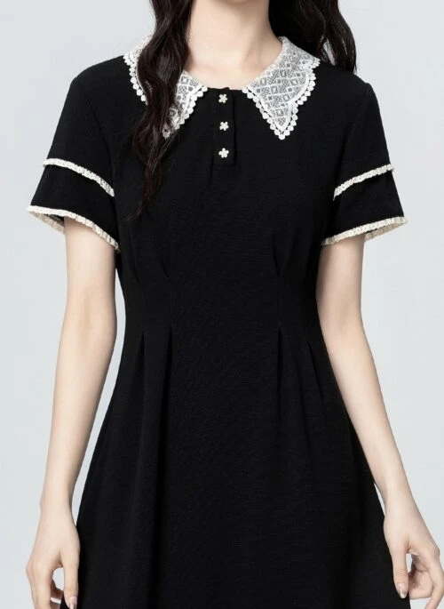 Elegant Lace Trim Black Polo Collar Midi Dress