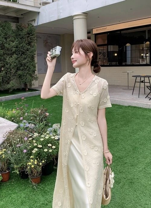 Elegant Lace Trim Long Cardigan Dress Set