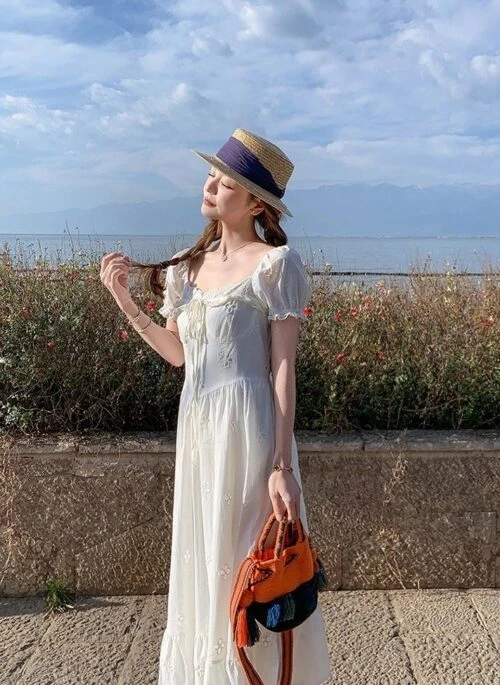 Elegant Lace Up French Style Maxi Dress