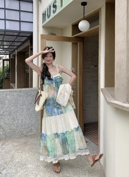Elegant Lace Up Layered Maxi Dress Set