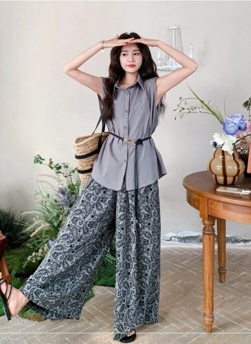 Elegant Loose Fit Sleeveless Shirt And Wide Leg Pants Set