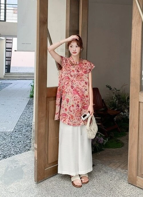 Elegant Mandarin Collar Shirt And Wide Leg Pants Set
