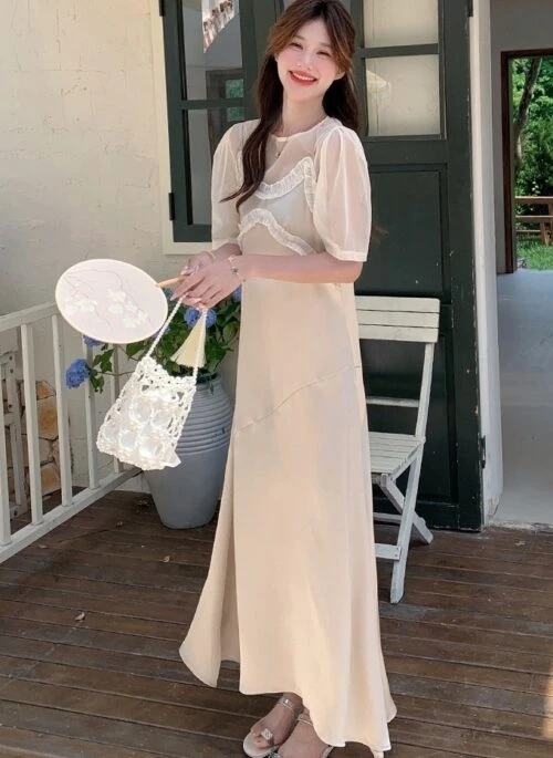 Elegant Mesh Overlay Camisole Maxi Dress Set