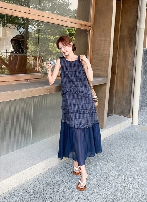 Elegant Navy Mesh Plaid Sleeveless Maxi Dress