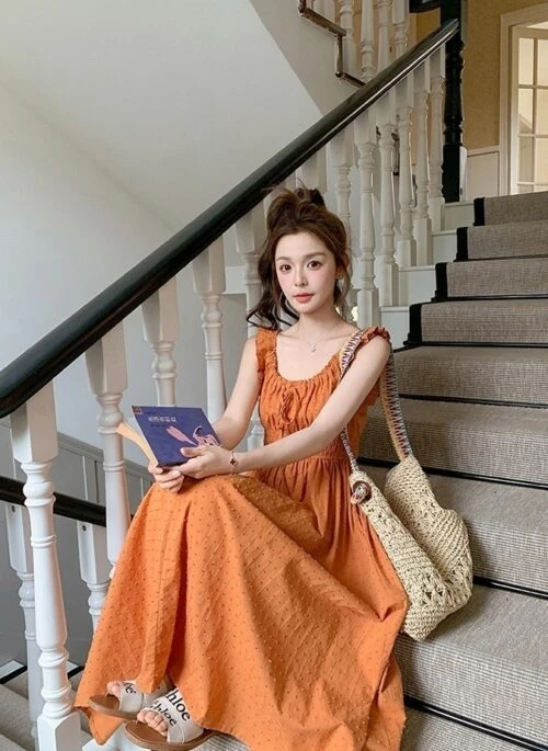 Elegant Orange Sleeveless Summer Fashion Dress