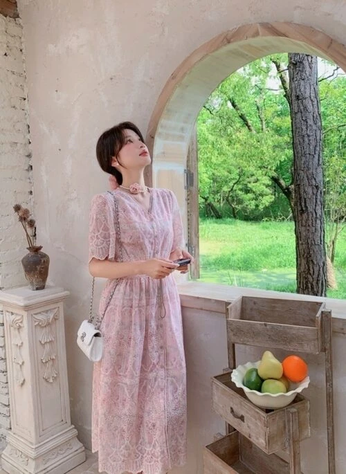 Elegant Pink Floral Print Casual Long Dress
