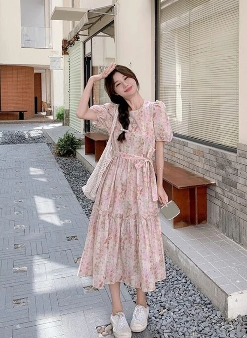 Elegant Pink Floral Puff Sleeve Long Dress