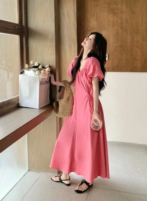 Elegant Pink French Puff Sleeve Long Dress