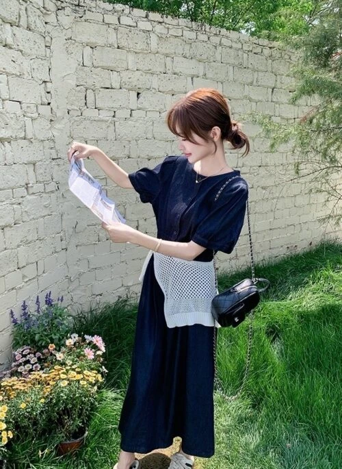 Elegant Puff Sleeve Denim Dress With Knit Shawl