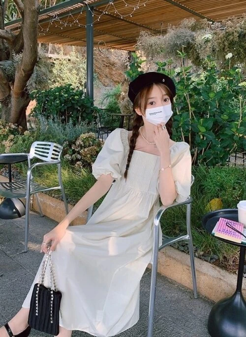 Elegant Puff Sleeve High Waist Long Dress