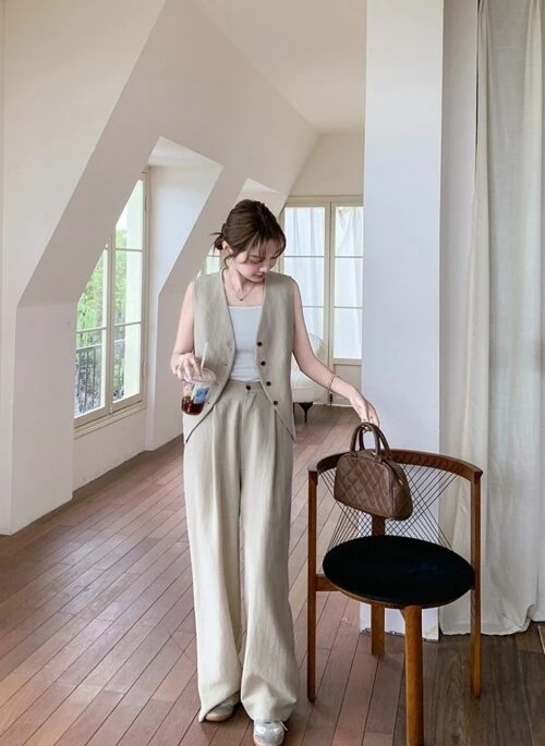 Elegant Relaxed Sleeveless Vest Wide Leg Pants Set