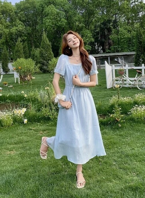 Elegant Ruffled Square Neck Puff Sleeve Maxi Dress