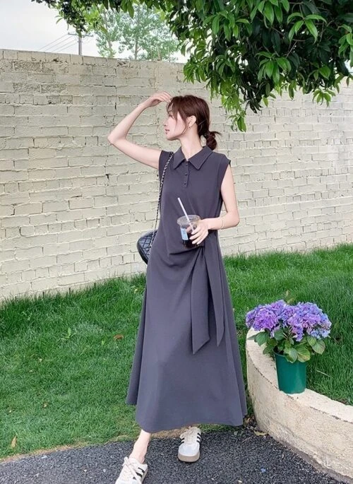 Elegant Sleeveless Dark Gray Waist Dress