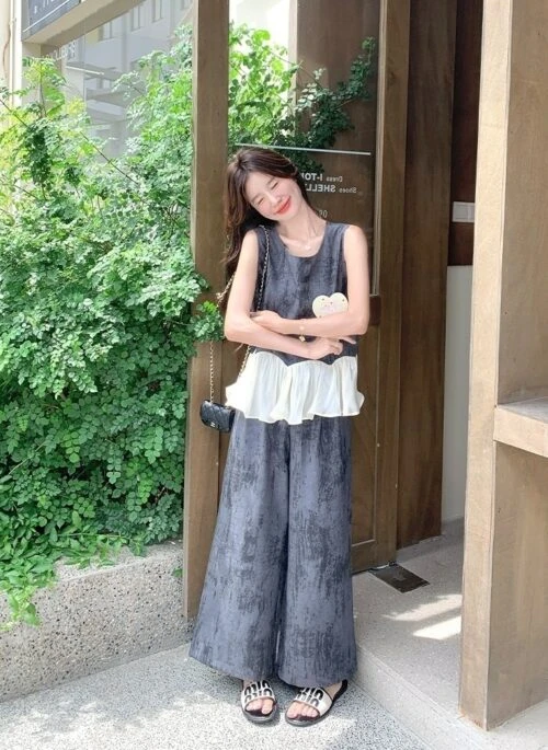 Elegant Vintage Ruffle Sleeveless Top Wide Leg Pants Set