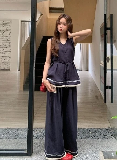 Elegant Waist Design Top And Wide Leg Pants Set