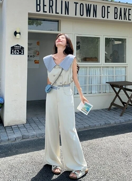 Elegant Waist Fitted Top And Wide Leg Pants Set