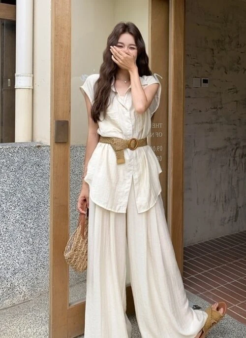 Elegant Waist Shirt And Wide Leg Pants Set