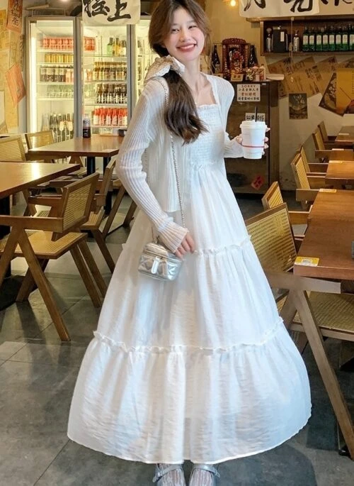 Elegant White Dress Set With Cardigan And Cami