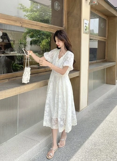 Elegant White Lace Puff Sleeve Dress
