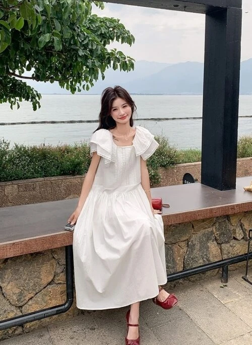 Elegant White Ruffle Sleeve Summer Midi Dress