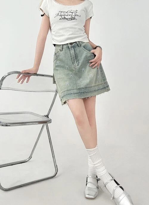 Embroidered Bow Denim A Line Mini Skirt