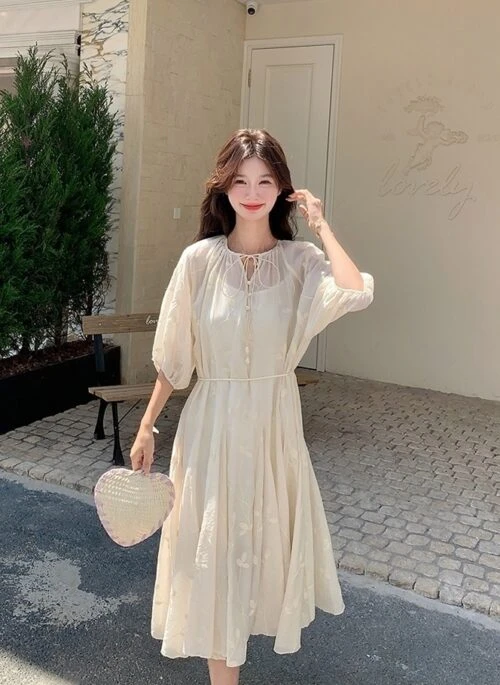 Embroidered Elegant Waist Dress For Summer Vacation