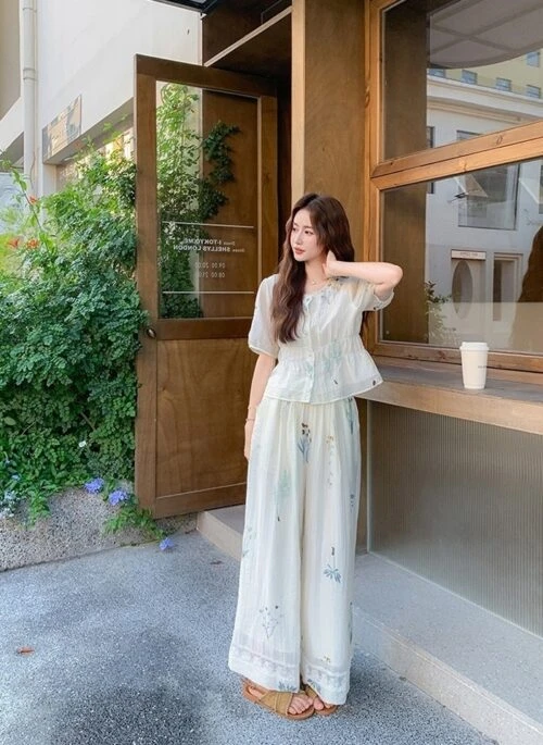 Embroidered Relaxed Fit Shirt And Wide Leg Pants Set