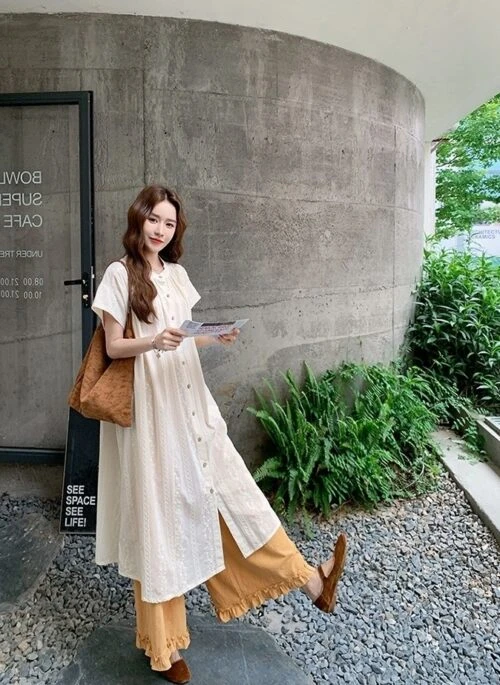 Embroidered Relaxed Fit Shirt Dress And Wide Leg Pants Set