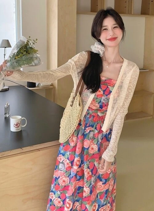 Floral Chiffon Cardigan Dress Set
