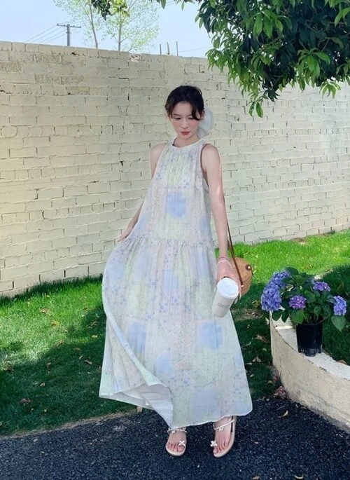 Floral Halter Neck Vacation Style Loose Maxi Dress