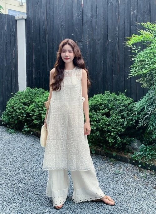 Floral Lace Cover Up Wide Leg Pants Set